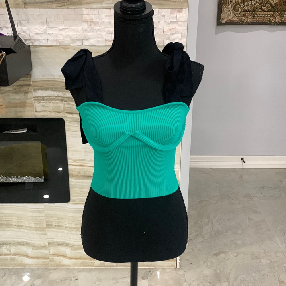 Cider Teal Green Wide Black Tie Shoulder Bra Cup Outline Top Size S (252)‎